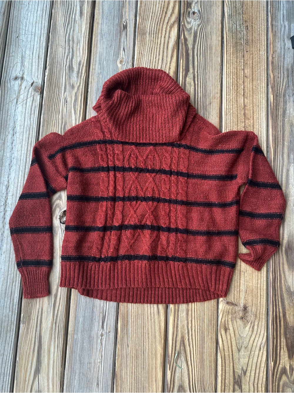 Cowl Neck Cable-Knit Sweater in Rust Red with Black Stripes